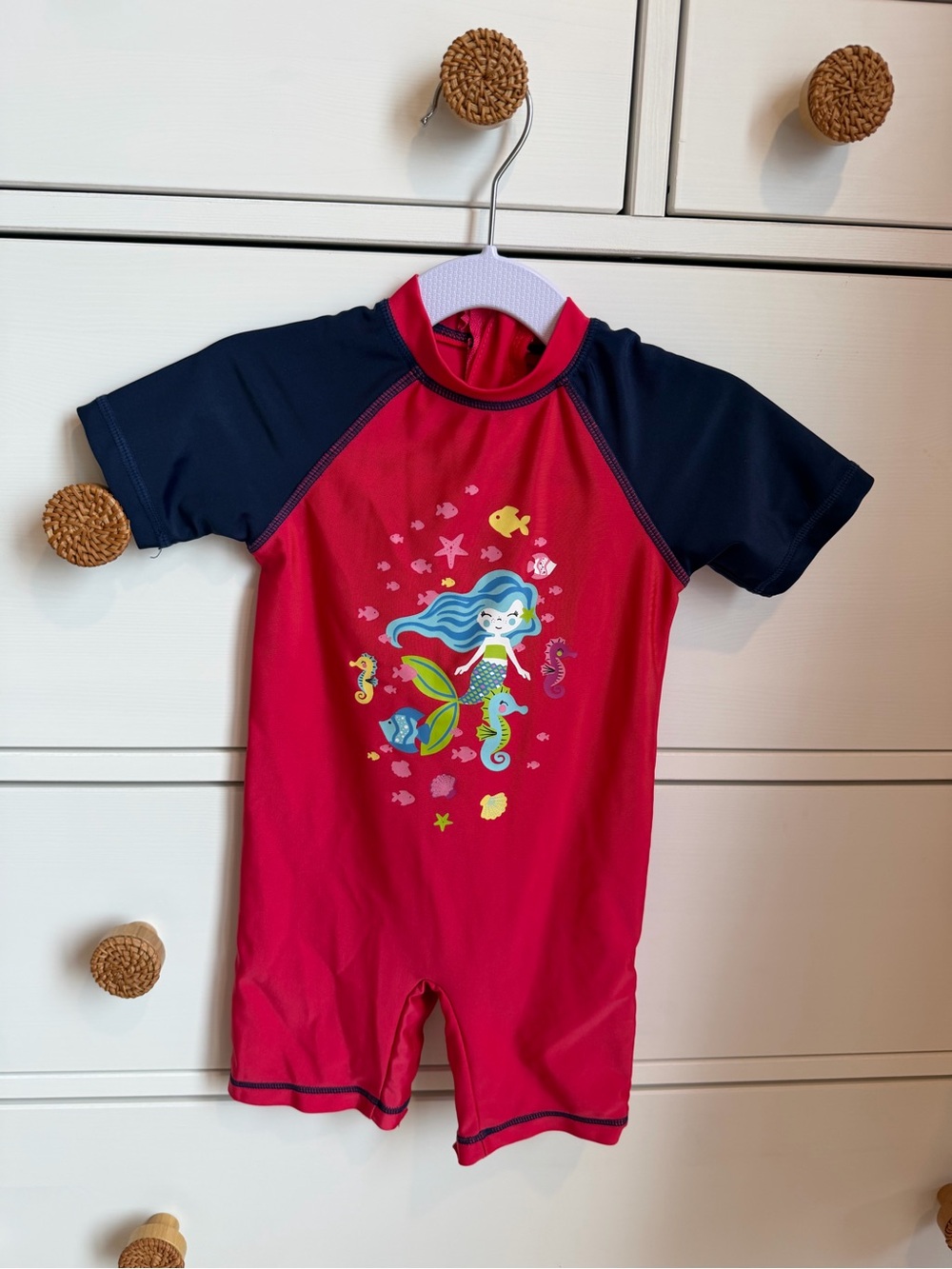 Kids Short-Sleeve Swim Sunsuit in Red with Navy Sleeves 18M